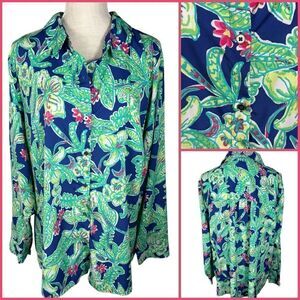 Caribbean Joe Green & Blue Tropical Print Button Front Long Sleeved Blouse
